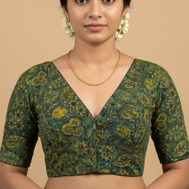 Vanika bottle green Ajrakh cotton StretchFit blouse, V neck – close-up