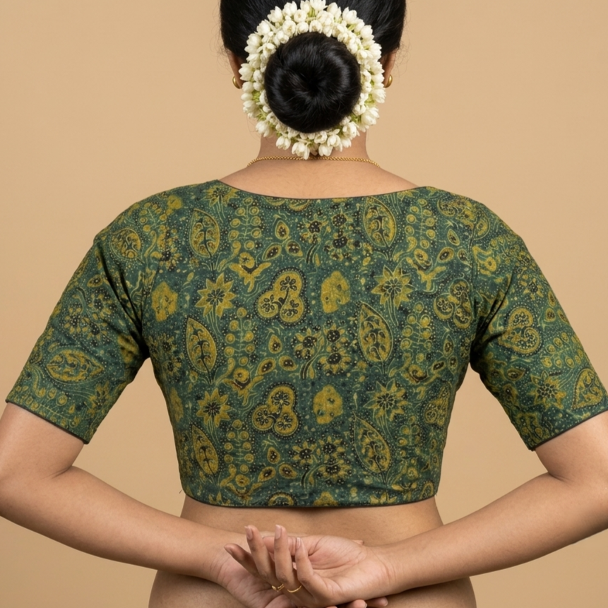 Vanika bottle green Ajrakh cotton StretchFit blouse, V neck – close-up