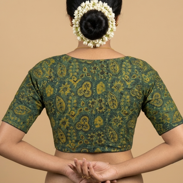 Vanika bottle green Ajrakh cotton StretchFit blouse, V neck – close-up