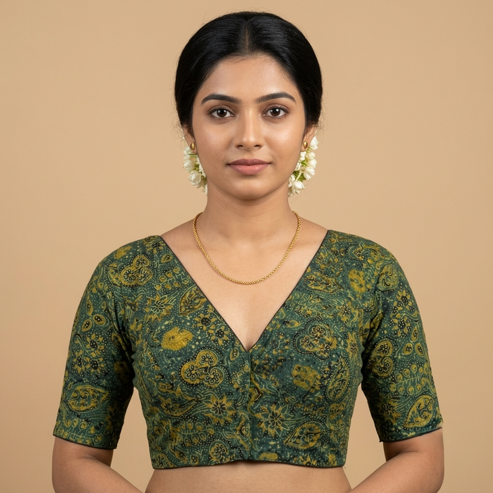 Vanika bottle green Ajrakh cotton StretchFit blouse, V neck