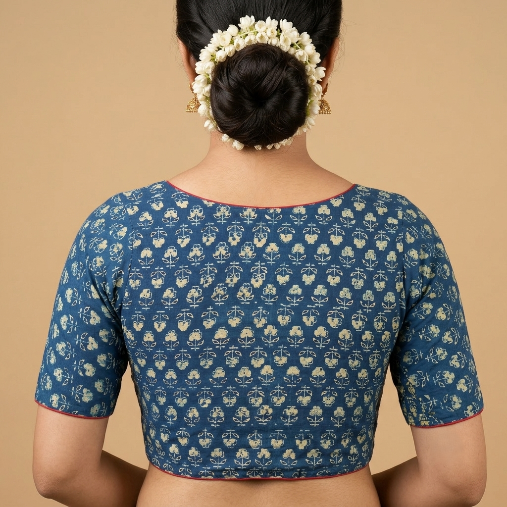 Neelambari indigo Ajrakh cotton StretchFit blouse, V neck – back view