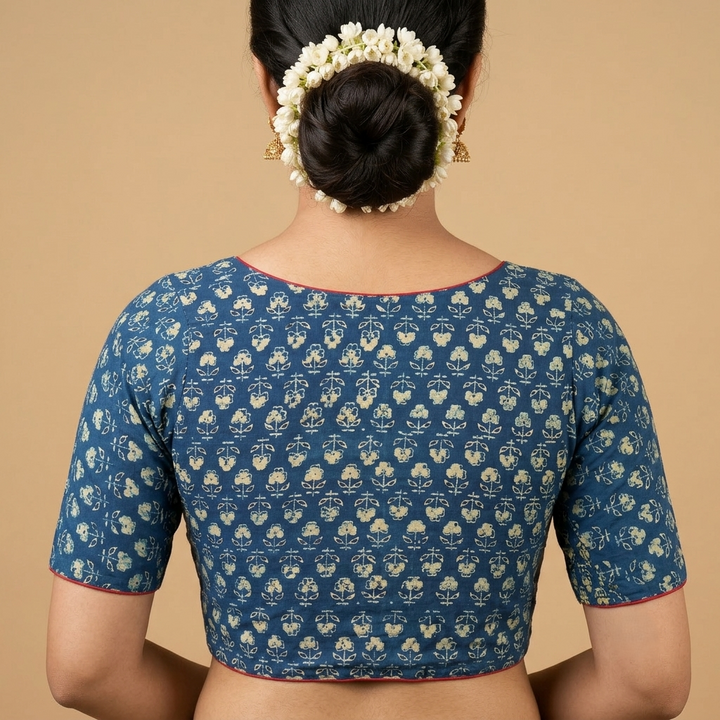 Neelambari indigo Ajrakh cotton StretchFit blouse, V neck – back view