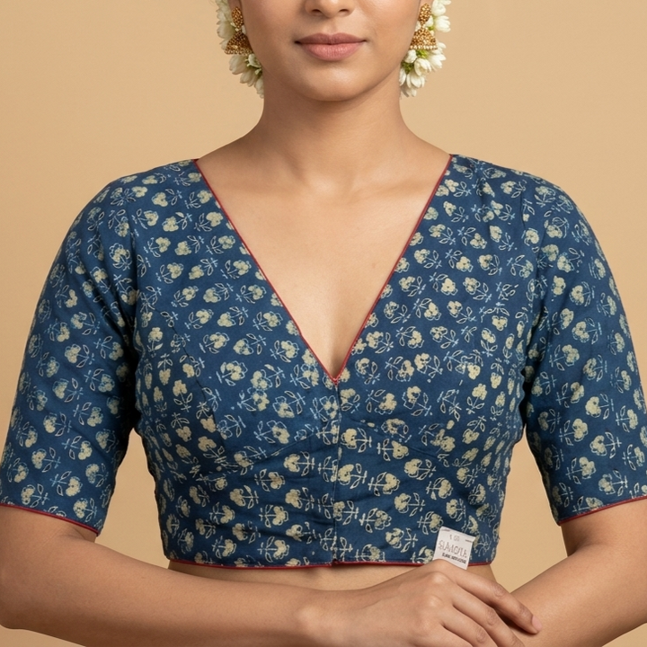 Neelambari indigo Ajrakh cotton StretchFit blouse, V neck – close-up