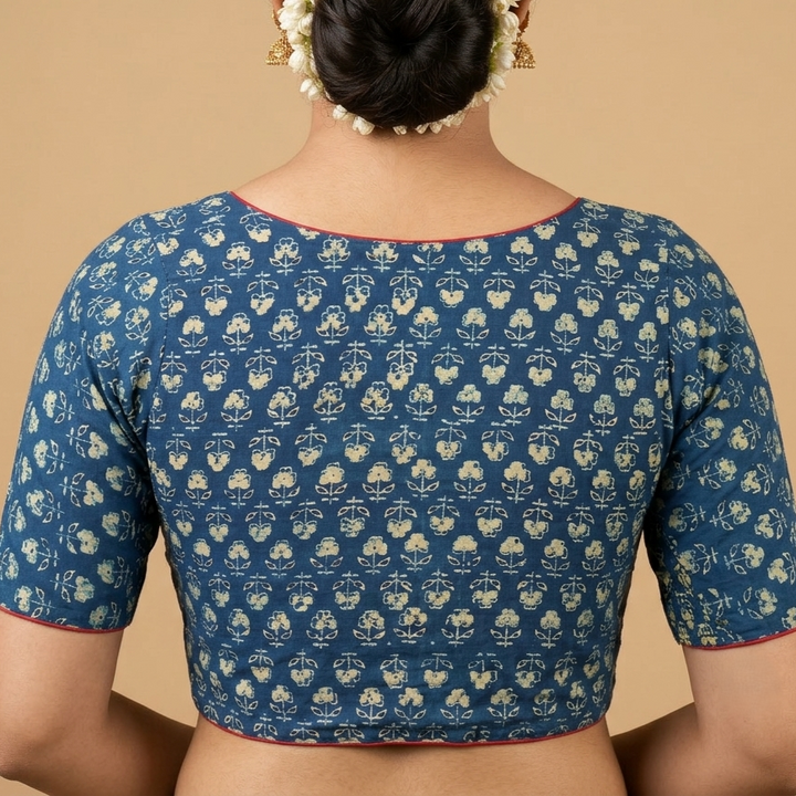 Neelambari indigo Ajrakh cotton StretchFit blouse, V neck – close-up