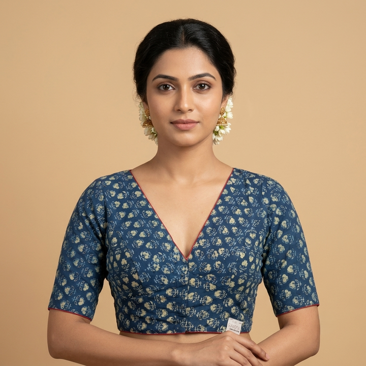 Neelambari indigo Ajrakh cotton StretchFit blouse, V neck