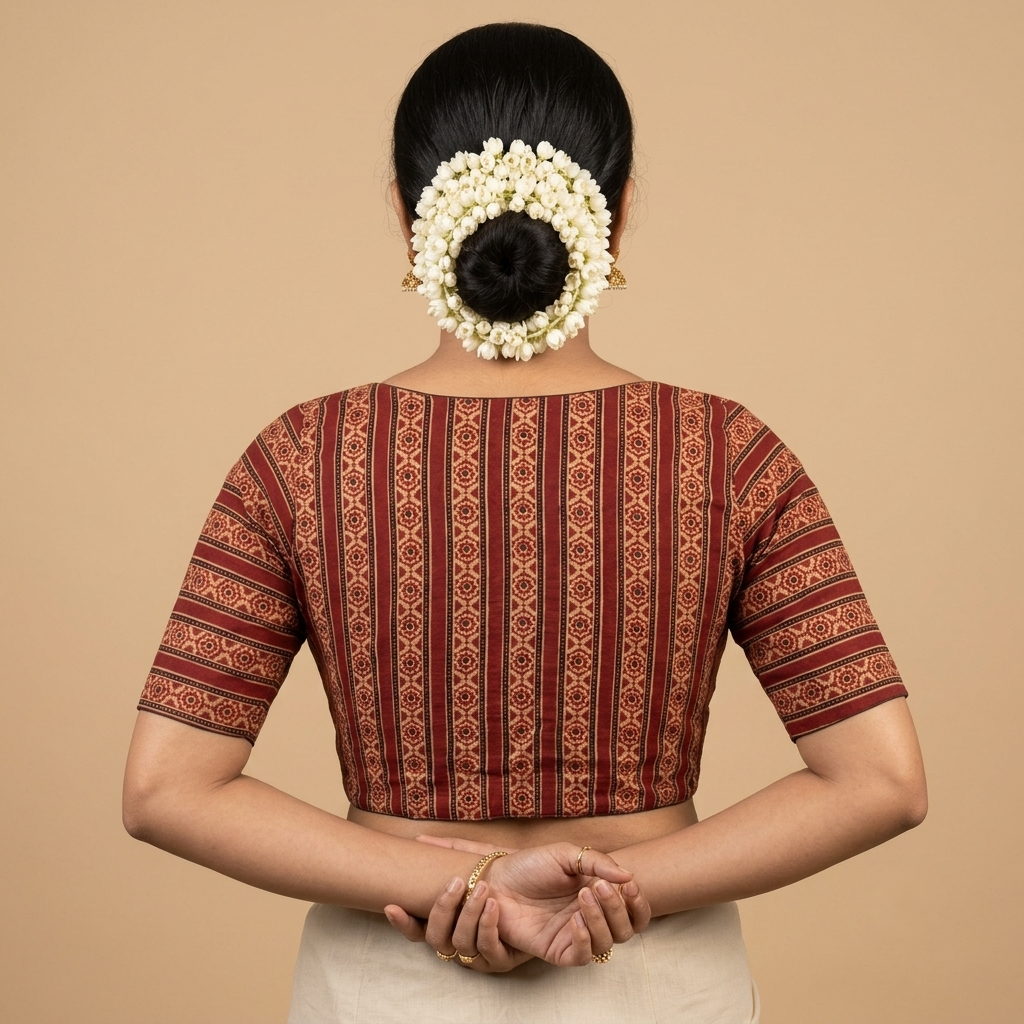 Agnika rust Ajrakh cotton StretchFit blouse, V neck – back view