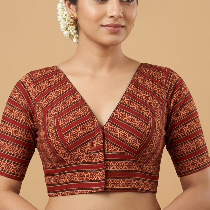 Agnika rust Ajrakh cotton StretchFit blouse, V neck – close-up