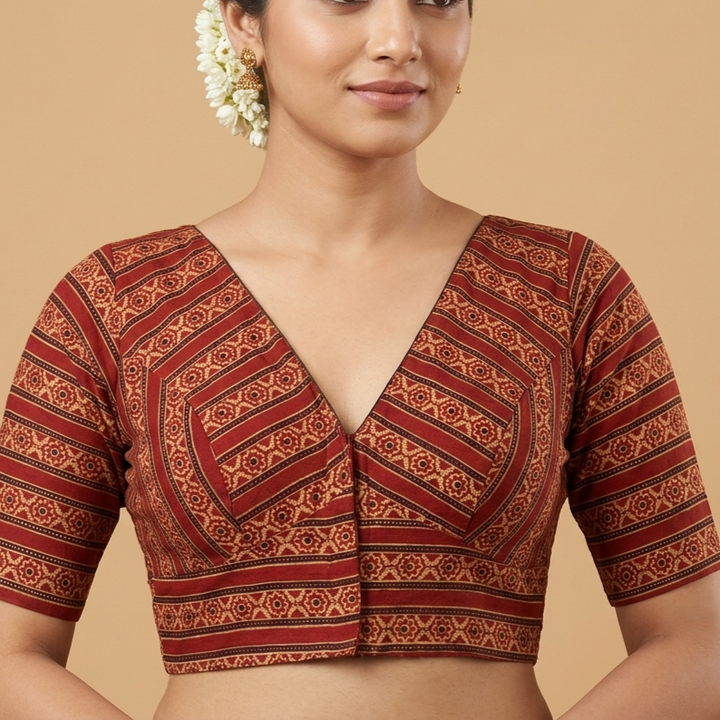 Agnika rust Ajrakh cotton StretchFit blouse, V neck – close-up