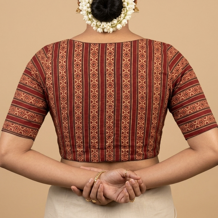 Agnika rust Ajrakh cotton StretchFit blouse, V neck – close-up
