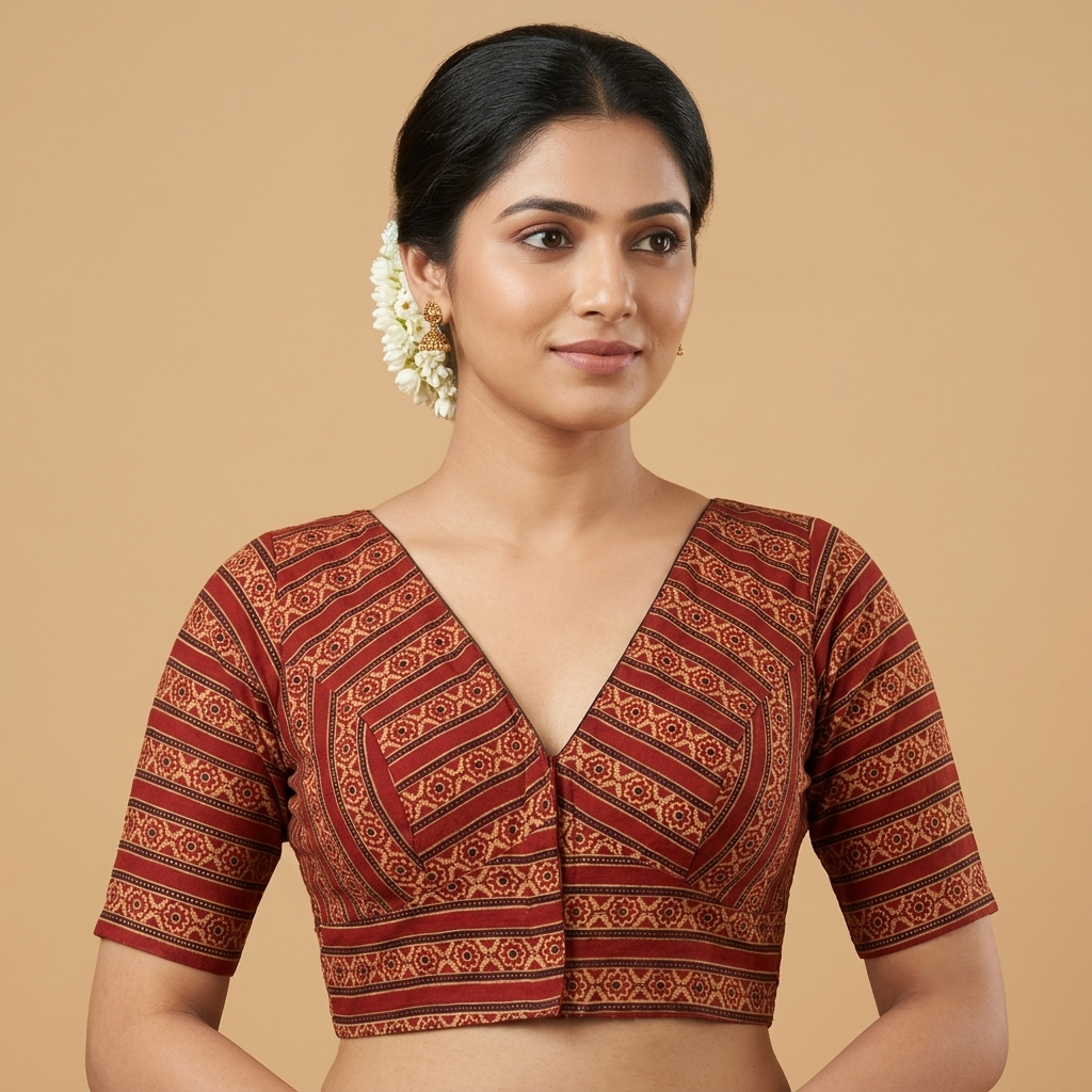 Agnika rust Ajrakh cotton StretchFit blouse, V neck