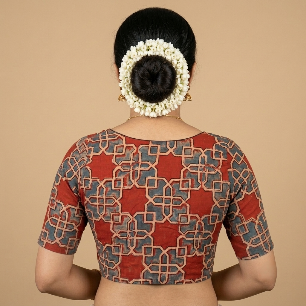 Ranjini red Ajrakh cotton StretchFit blouse, V neck – back view