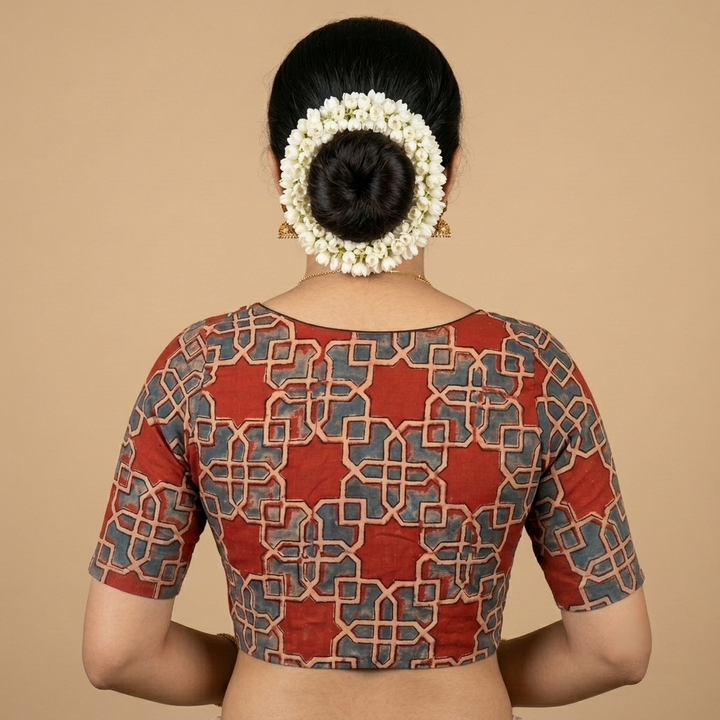 Ranjini red Ajrakh cotton StretchFit blouse, V neck – back view