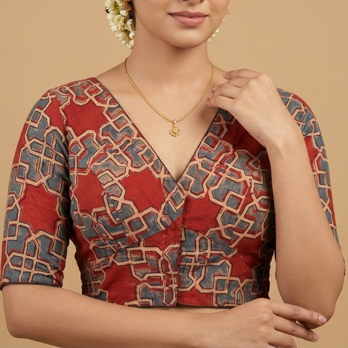 Ranjini red Ajrakh cotton StretchFit blouse, V neck – close-up