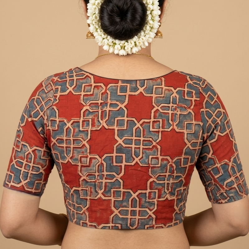 Ranjini red Ajrakh cotton StretchFit blouse, V neck – close-up