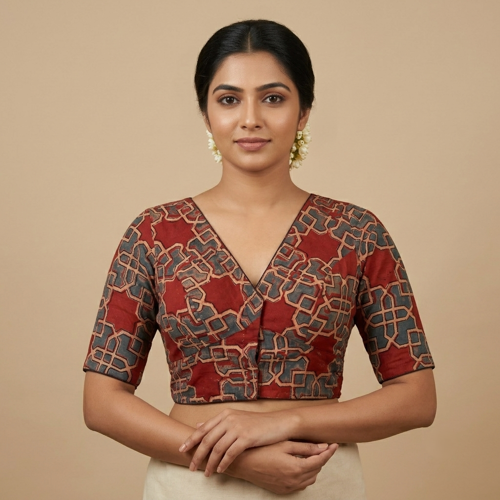 Ranjini red Ajrakh cotton StretchFit blouse, V neck