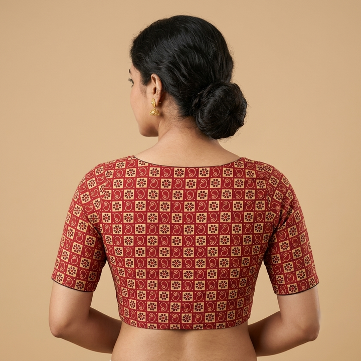 Rakthima brick red Ajrakh cotton StretchFit blouse, V neck – back view