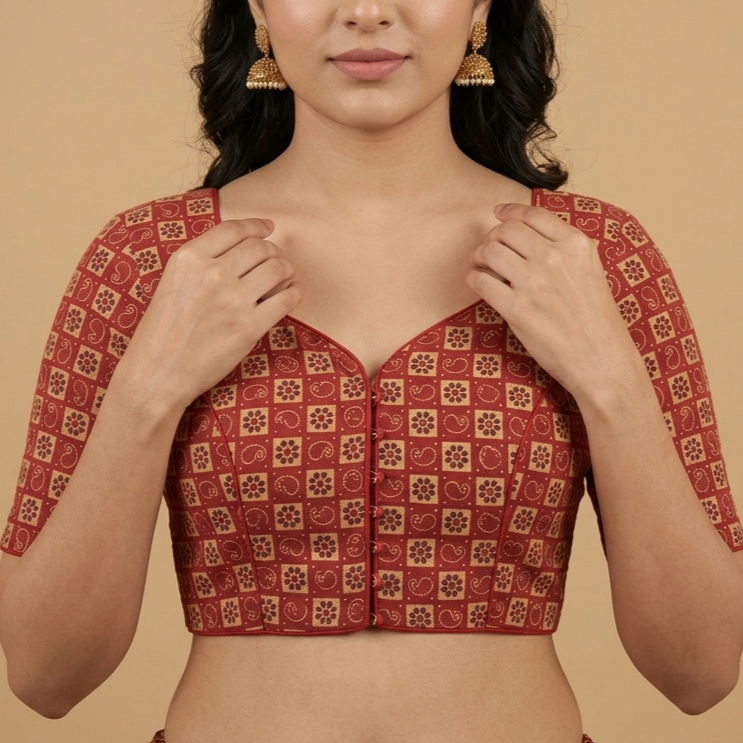 Rakthima brick red Ajrakh cotton StretchFit blouse, V neck – close-up