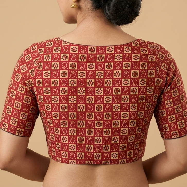 Rakthima brick red Ajrakh cotton StretchFit blouse, V neck – close-up