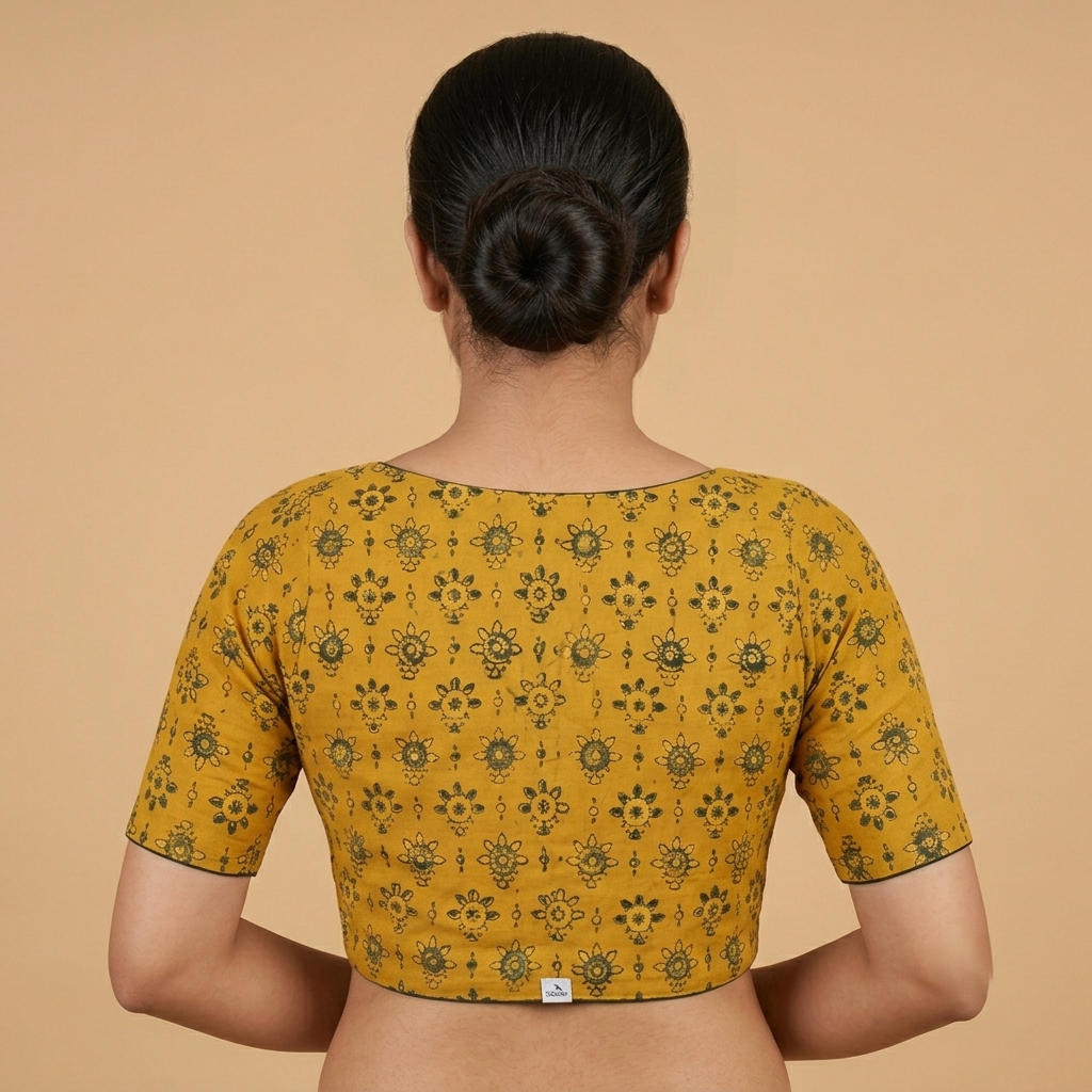 Swarnika mustard Ajrakh cotton StretchFit blouse, V neck – back view