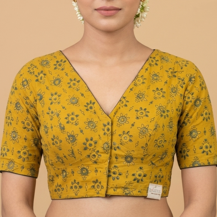 Swarnika mustard Ajrakh cotton StretchFit blouse, V neck – close-up
