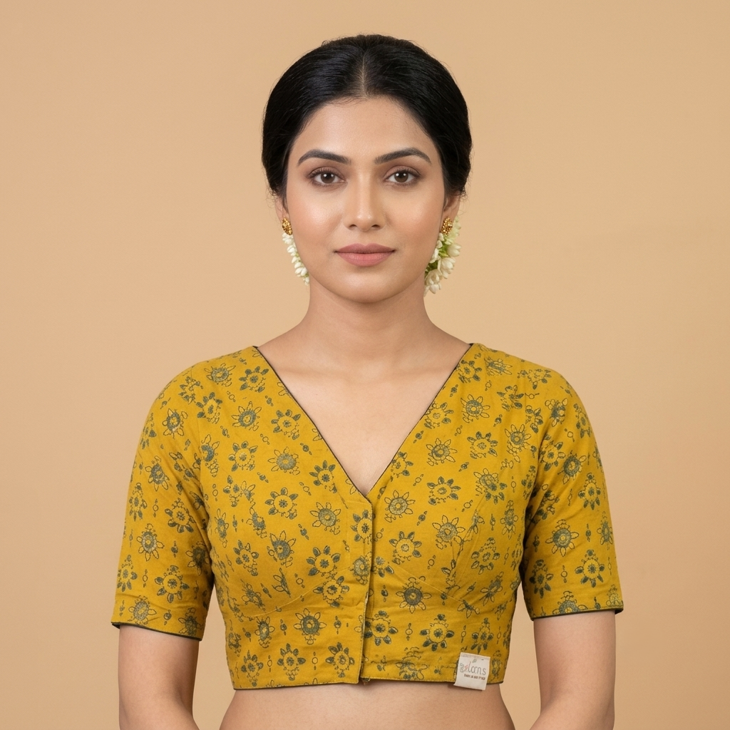 Swarnika mustard Ajrakh cotton StretchFit blouse, V neck