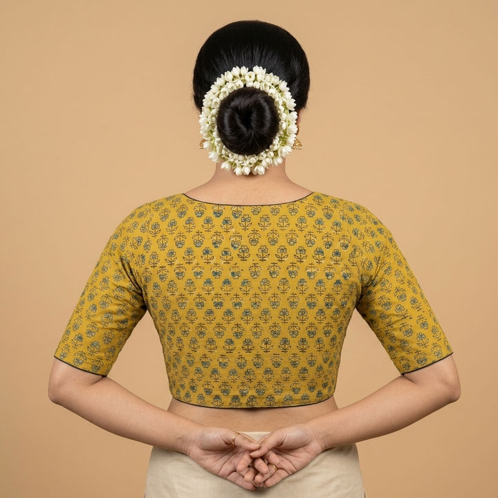 Haldira mustard Ajrakh cotton StretchFit blouse, V neck – back view