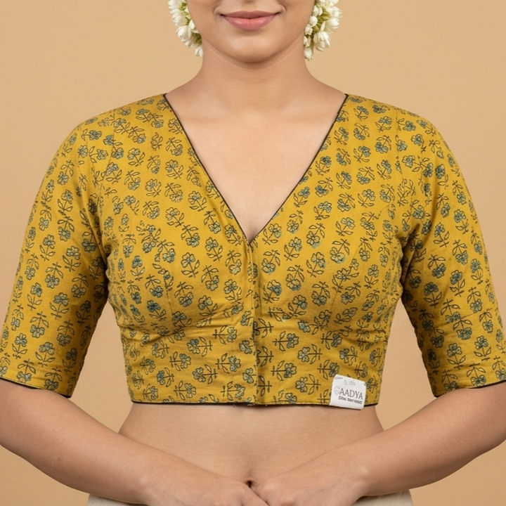 Haldira mustard Ajrakh cotton StretchFit blouse, V neck – close-up