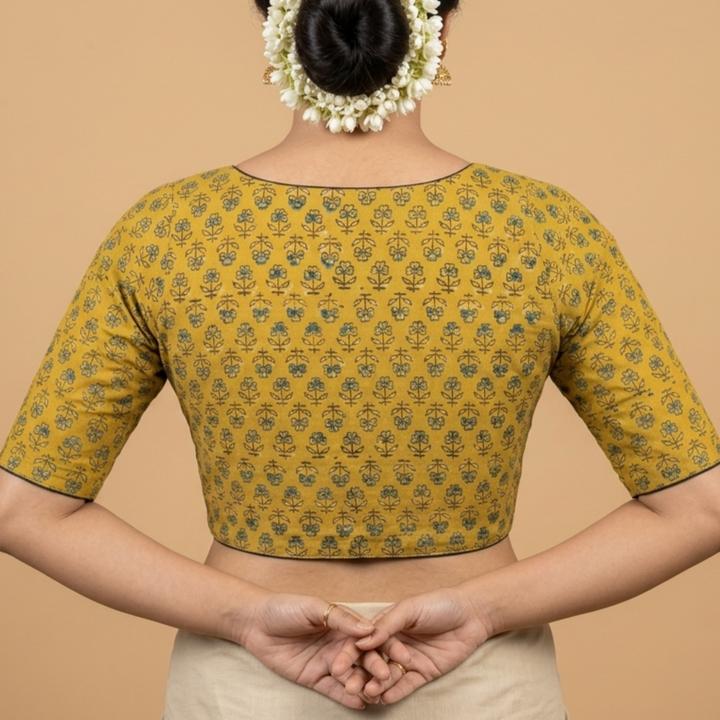 Haldira mustard Ajrakh cotton StretchFit blouse, V neck – close-up