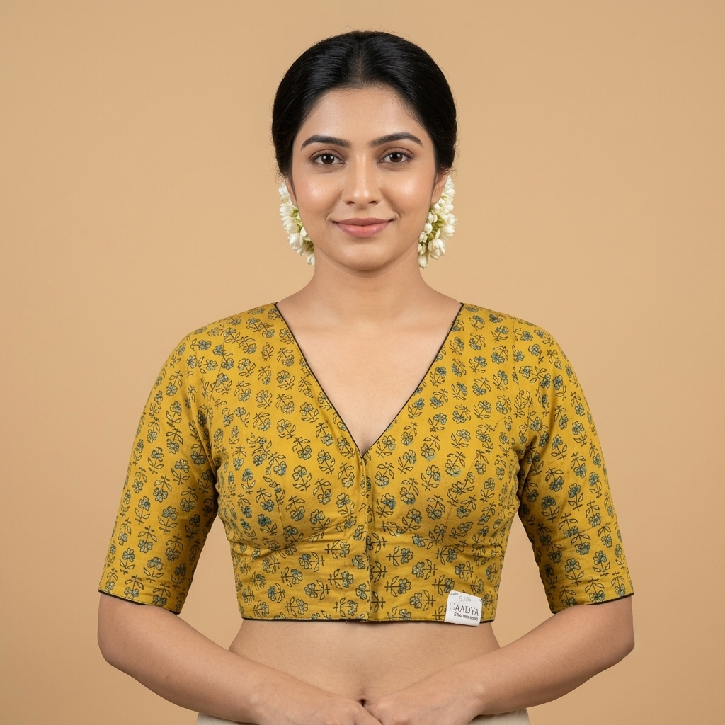 Haldira mustard Ajrakh cotton StretchFit blouse, V neck