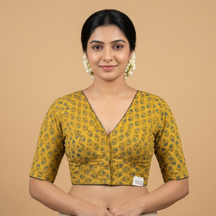 Haldira mustard Ajrakh cotton StretchFit blouse, V neck