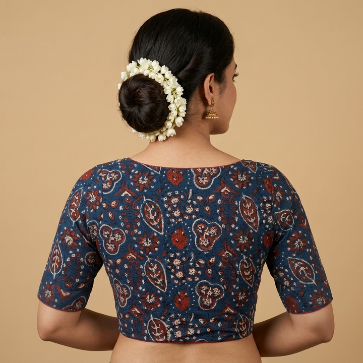 Samudri navy blue Ajrakh cotton StretchFit blouse, V neck – back view