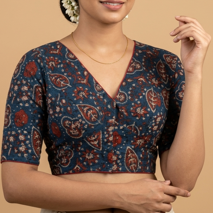 Samudri navy blue Ajrakh cotton StretchFit blouse, V neck – close-up