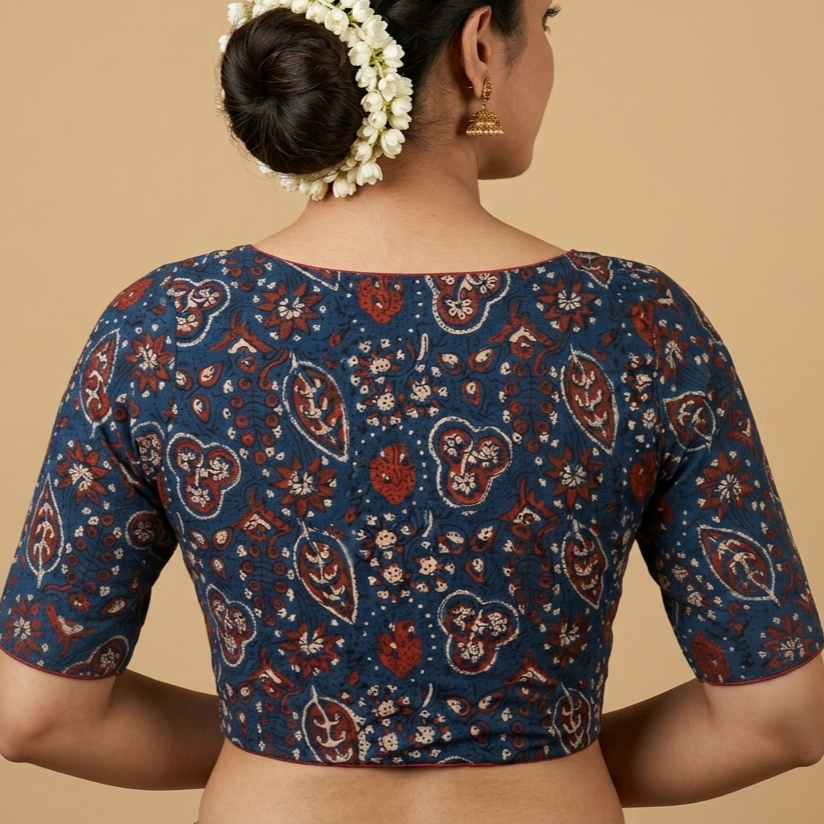 Samudri navy blue Ajrakh cotton StretchFit blouse, V neck – close-up