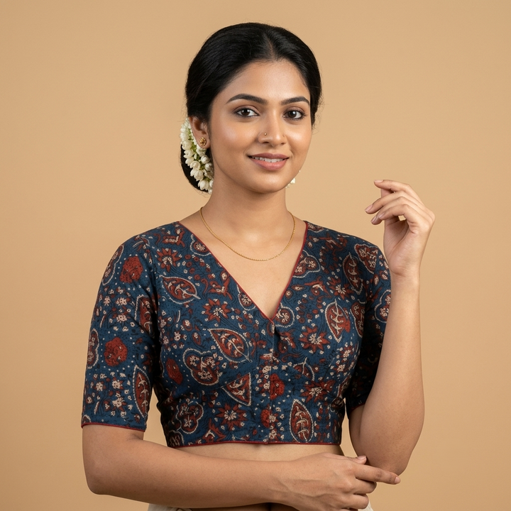 Samudri navy blue Ajrakh cotton StretchFit blouse, V neck
