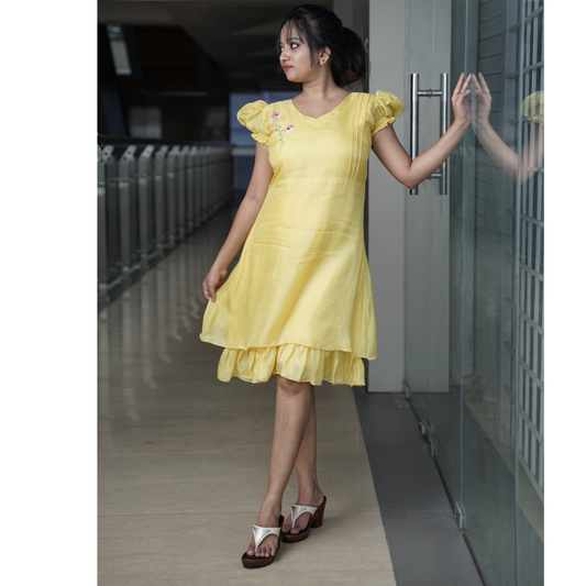 Yellow Colour Ruffled Frock with Puff Sleeve