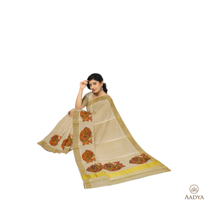 Kuthampully Golden Tissue Saree