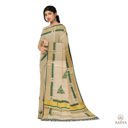 Kuthampully Golden Tissue And Green Color Print Saree