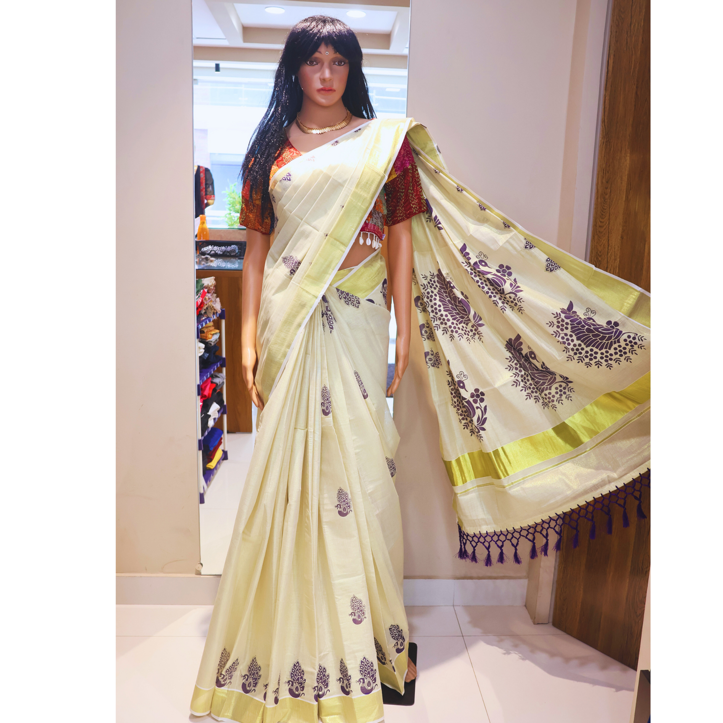 Kuthampully Golden Tissue Saree