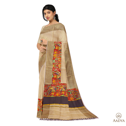 Kuthampully Golden Kalamkari Black Kara  Tissue Saree