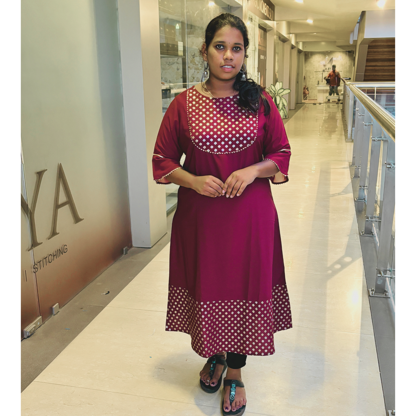 Wine Crepe Foil Printed A-Line Kurta