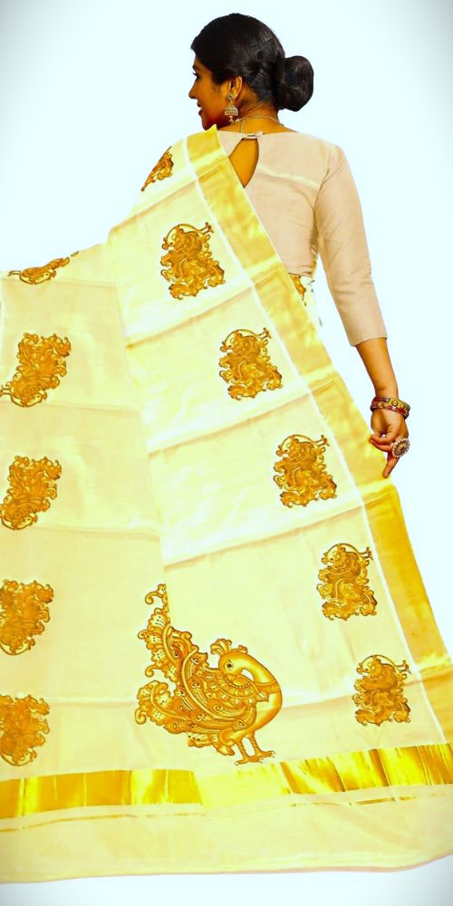 Kuthampully Golden Tissue Saree