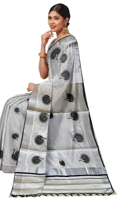 Kuthampully Silver Tissue Saree