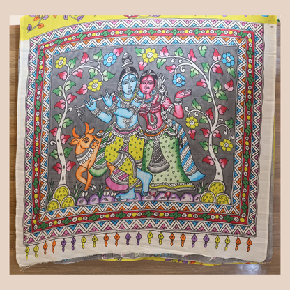 Hand Painted Pen Kalamkari Borderless Bangalore Silk Saree with Radhakrishna motif in Pallu