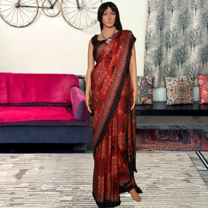 Modal Silk Pure Ajrkh Sarees- Maroon