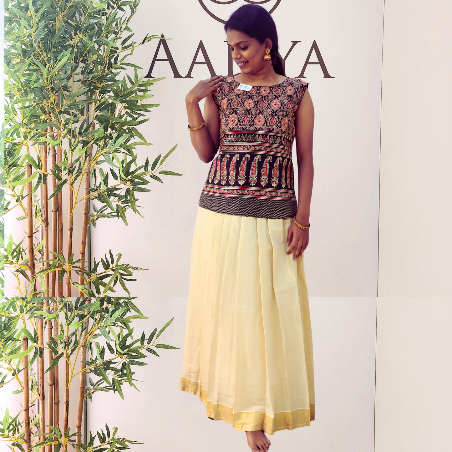 Golden Tissue Skirt And  Ajrakh Top