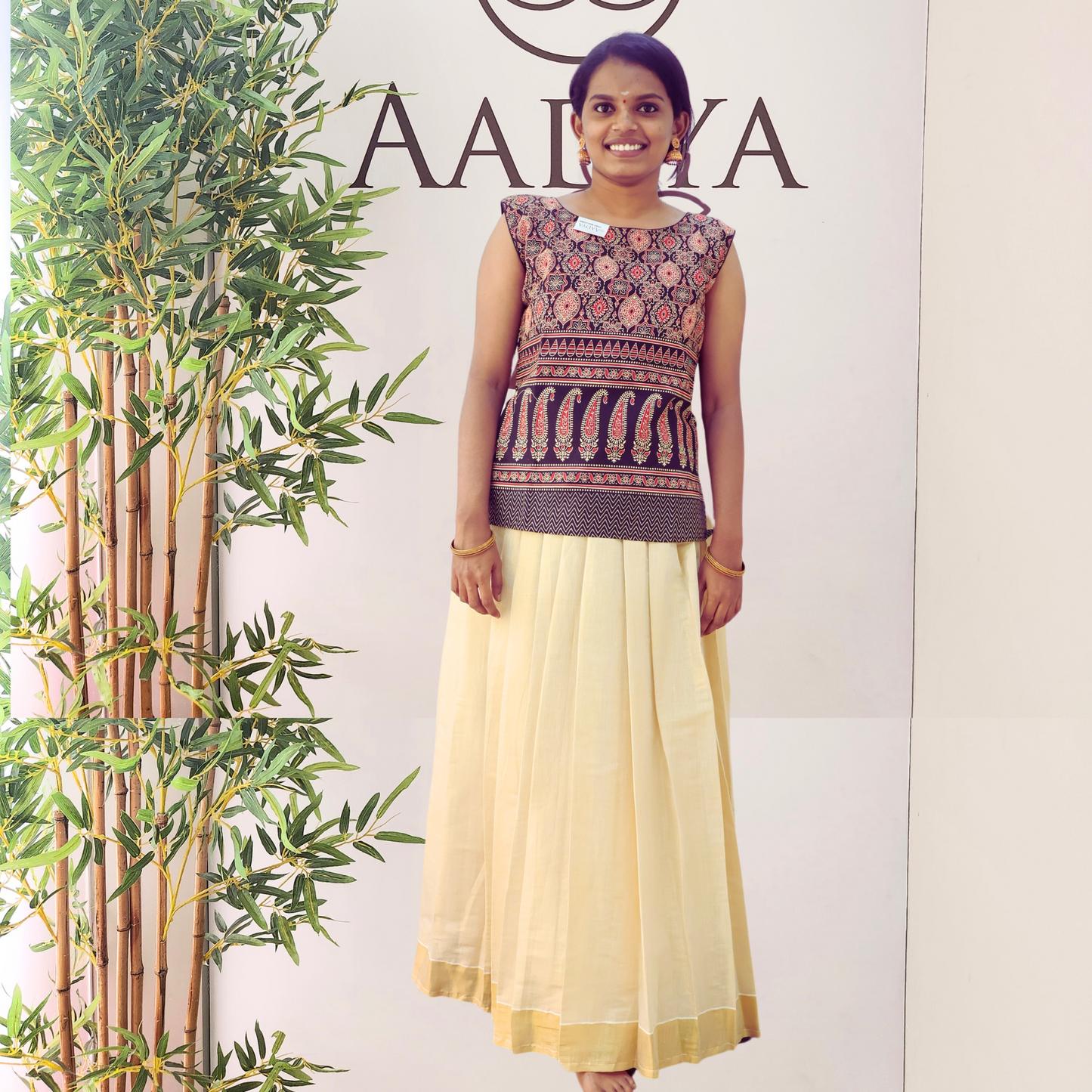 Golden Tissue Skirt And  Ajrakh Top