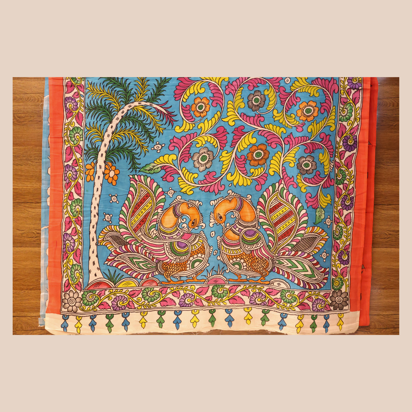 Hand Painted Pen Kalamkari Borderless Bangalore Silk Saree with Peacock motif in Pallu