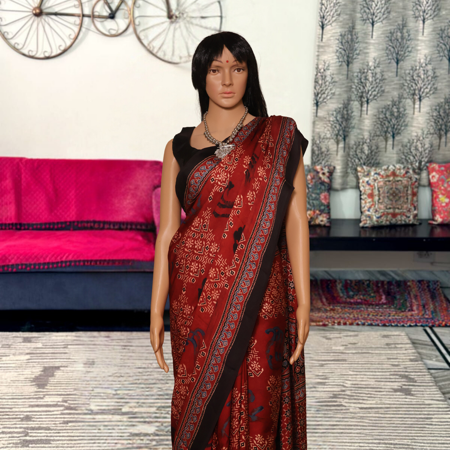 Modal Silk Pure Ajrkh Sarees- Maroon