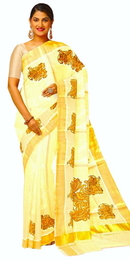 Kuthampully Golden Tissue Saree