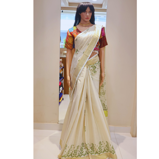 Kuthampully Golden Tissue Saree